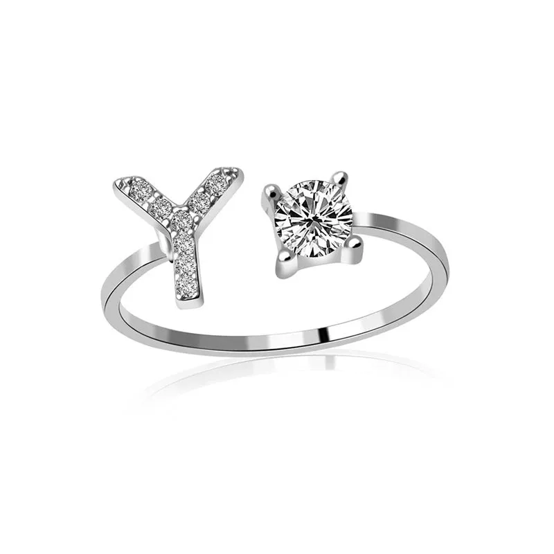 Fashion Jewelry 26 Letter Rings For Women Lady Creative Cubic Zirconia Open Finger Ring Silver Color Party Gifts