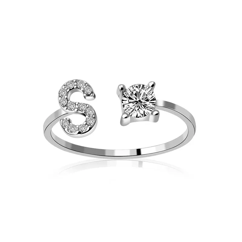 Fashion Jewelry 26 Letter Rings For Women Lady Creative Cubic Zirconia Open Finger Ring Silver Color Party Gifts