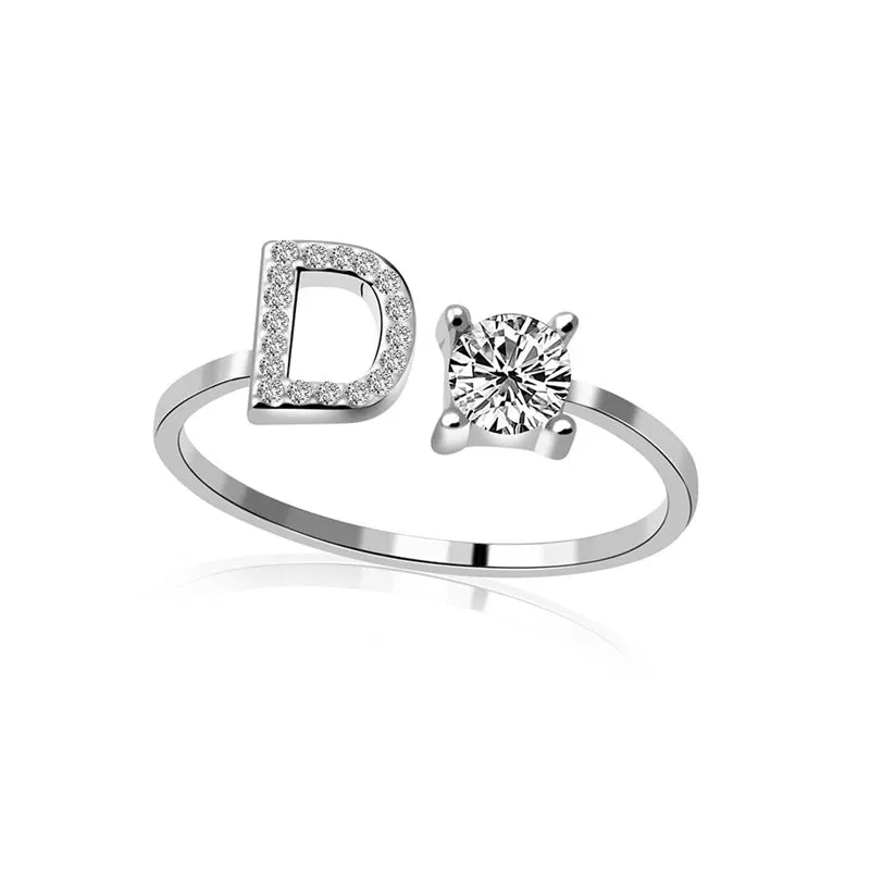 Fashion Jewelry 26 Letter Rings For Women Lady Creative Cubic Zirconia Open Finger Ring Silver Color Party Gifts