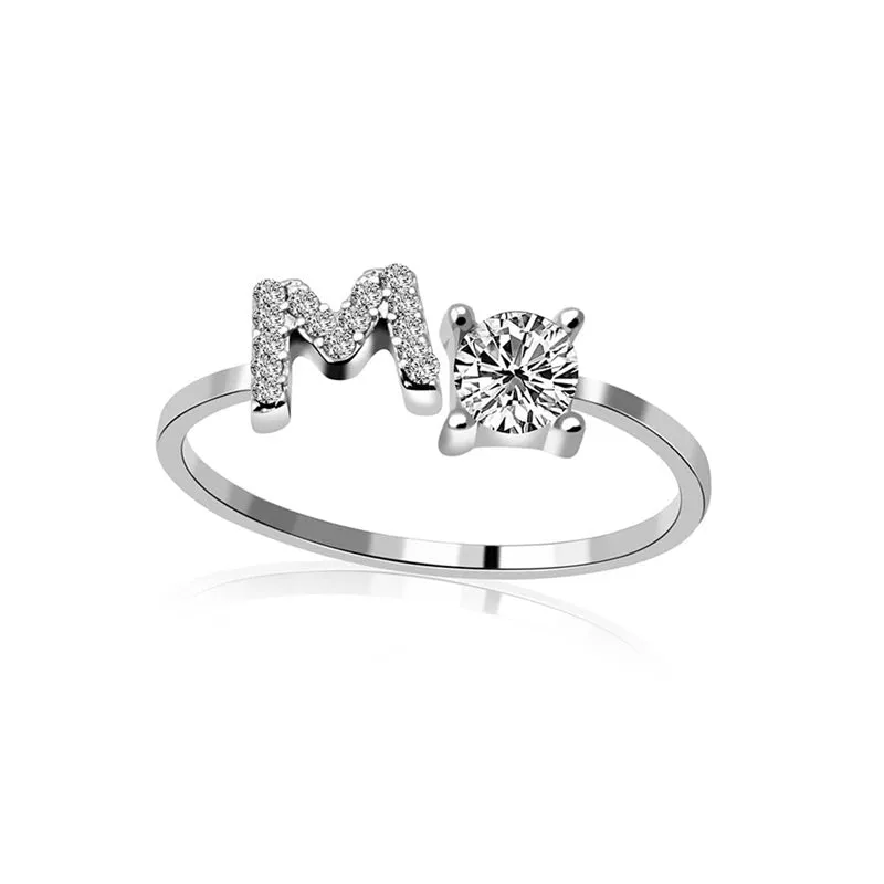 Fashion Jewelry 26 Letter Rings For Women Lady Creative Cubic Zirconia Open Finger Ring Silver Color Party Gifts