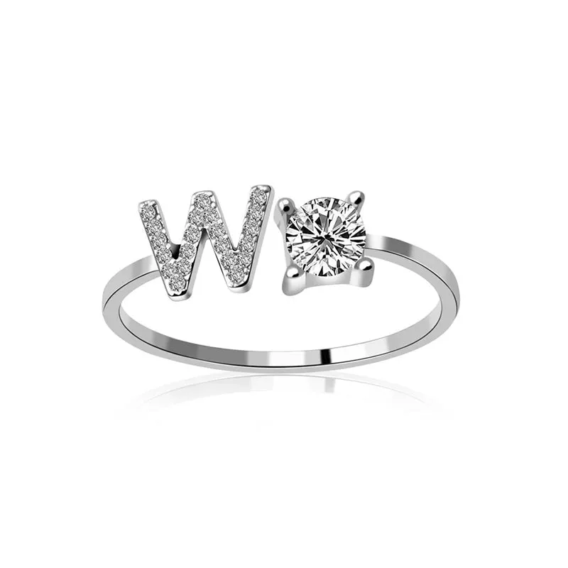 Fashion Jewelry 26 Letter Rings For Women Lady Creative Cubic Zirconia Open Finger Ring Silver Color Party Gifts
