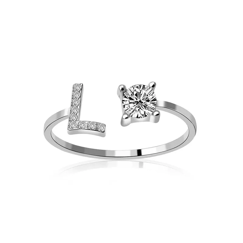 Fashion Jewelry 26 Letter Rings For Women Lady Creative Cubic Zirconia Open Finger Ring Silver Color Party Gifts