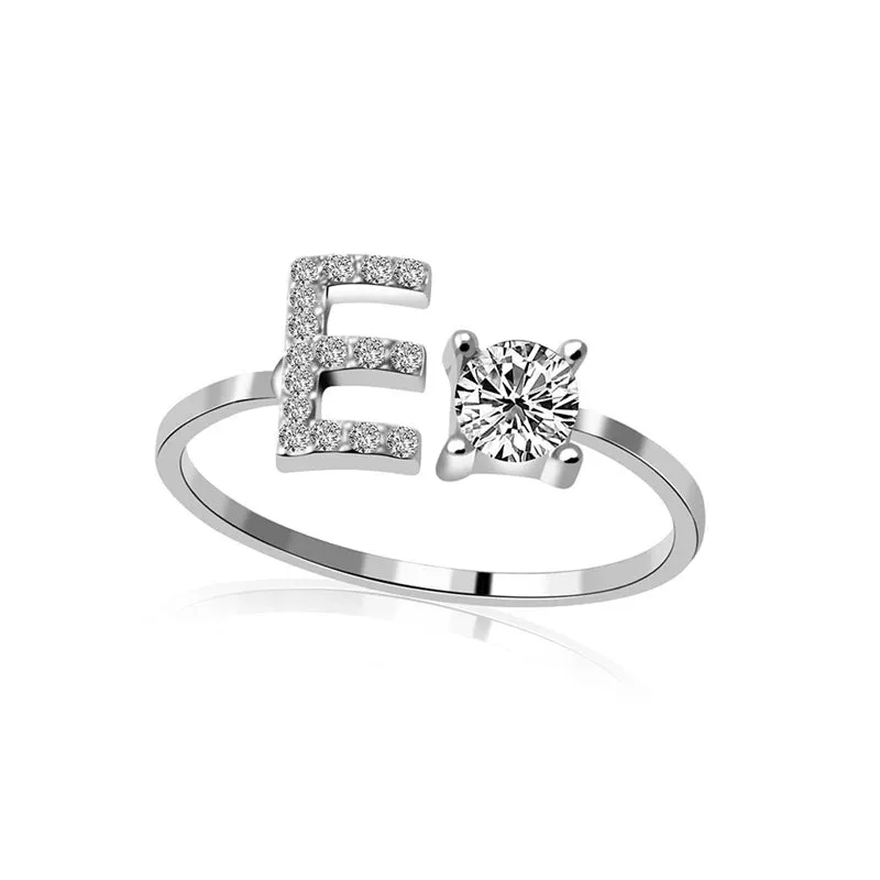 Fashion Jewelry 26 Letter Rings For Women Lady Creative Cubic Zirconia Open Finger Ring Silver Color Party Gifts