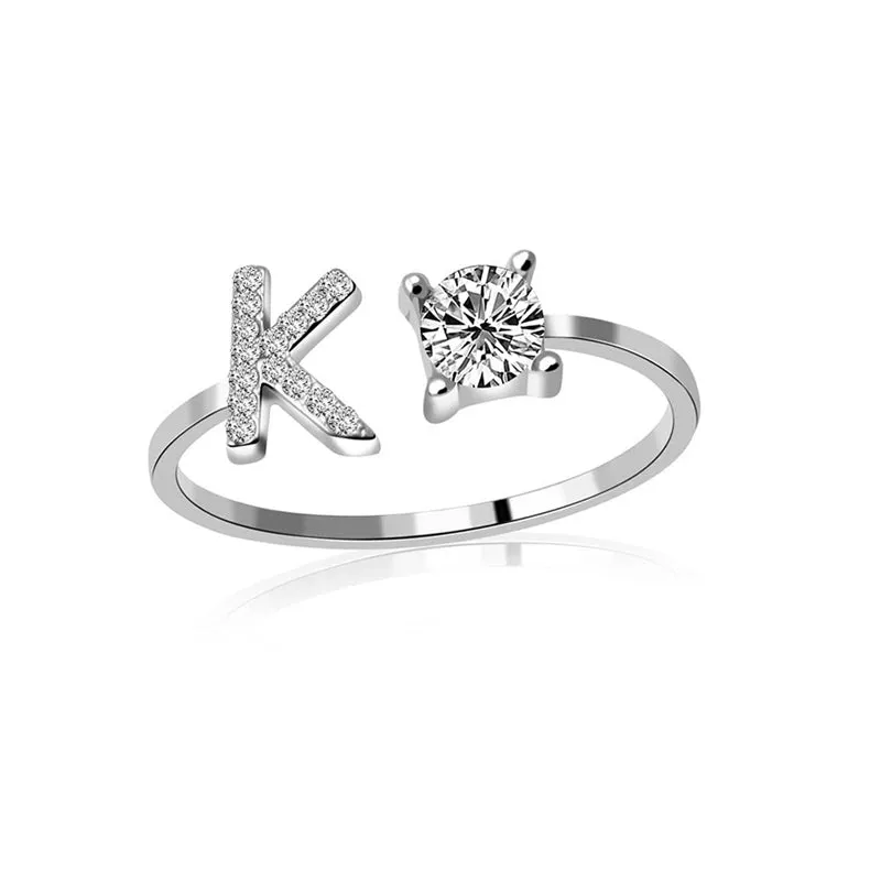 Fashion Jewelry 26 Letter Rings For Women Lady Creative Cubic Zirconia Open Finger Ring Silver Color Party Gifts