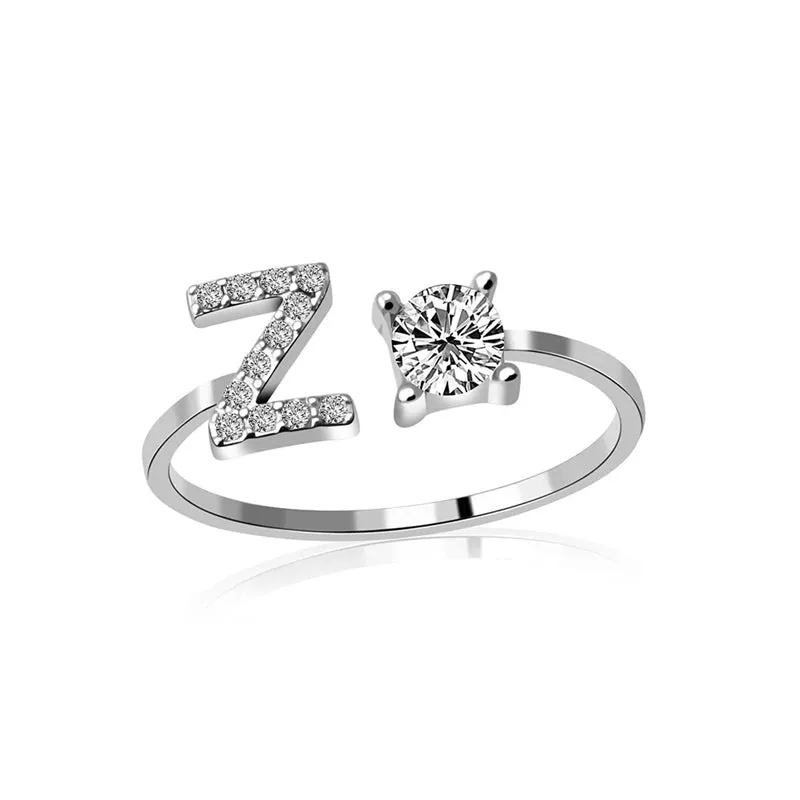 Fashion Jewelry 26 Letter Rings For Women Lady Creative Cubic Zirconia Open Finger Ring Silver Color Party Gifts