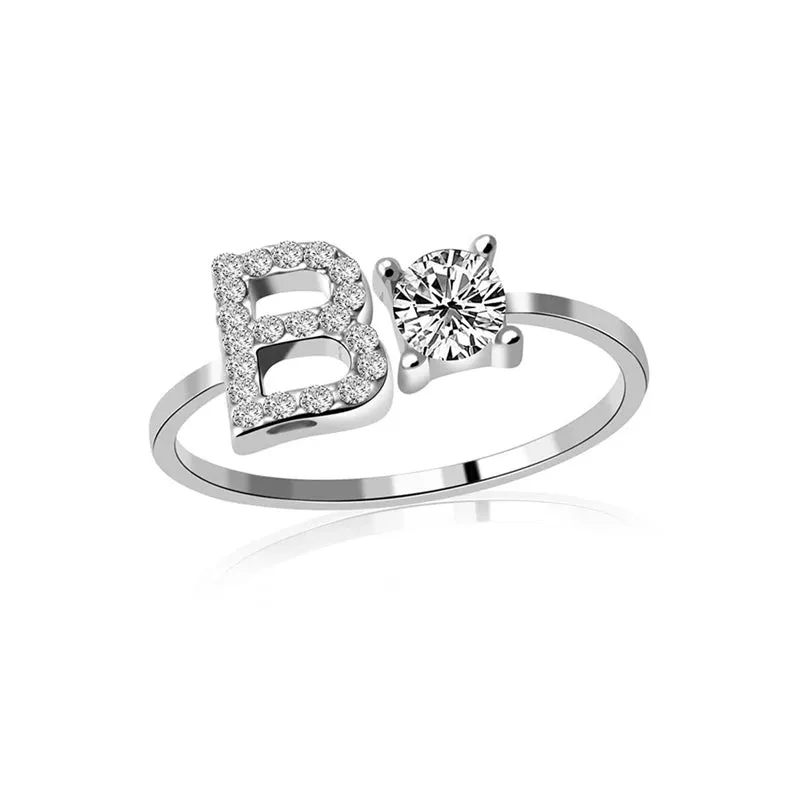 Fashion Jewelry 26 Letter Rings For Women Lady Creative Cubic Zirconia Open Finger Ring Silver Color Party Gifts