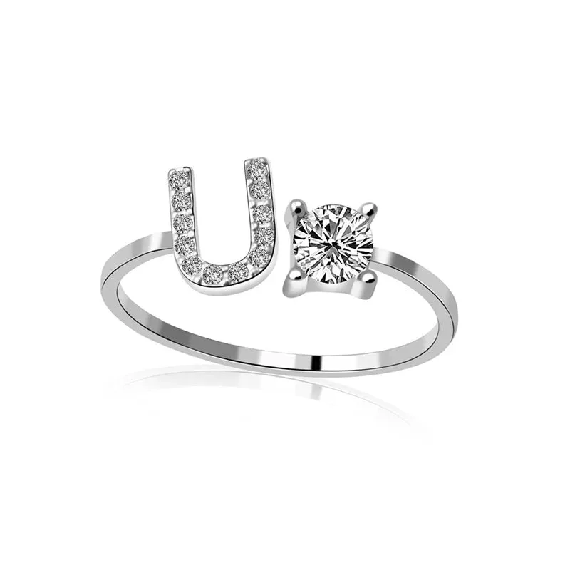 Fashion Jewelry 26 Letter Rings For Women Lady Creative Cubic Zirconia Open Finger Ring Silver Color Party Gifts
