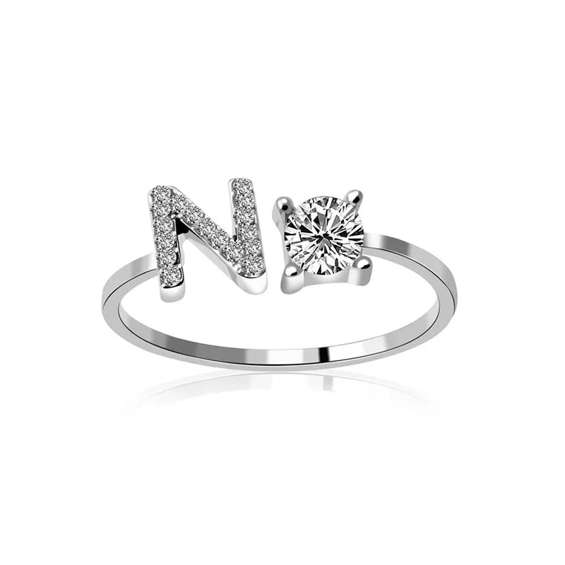 Fashion Jewelry 26 Letter Rings For Women Lady Creative Cubic Zirconia Open Finger Ring Silver Color Party Gifts