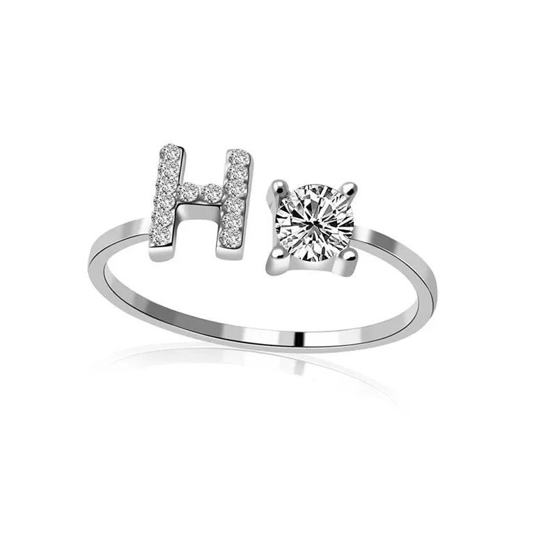 Fashion Jewelry 26 Letter Rings For Women Lady Creative Cubic Zirconia Open Finger Ring Silver Color Party Gifts