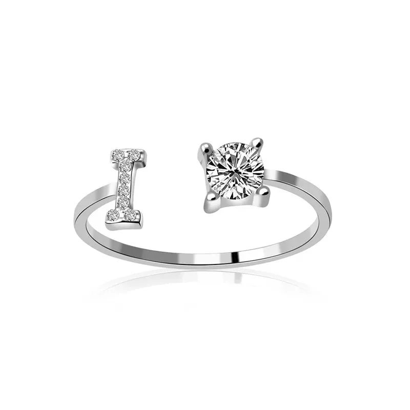 Fashion Jewelry 26 Letter Rings For Women Lady Creative Cubic Zirconia Open Finger Ring Silver Color Party Gifts