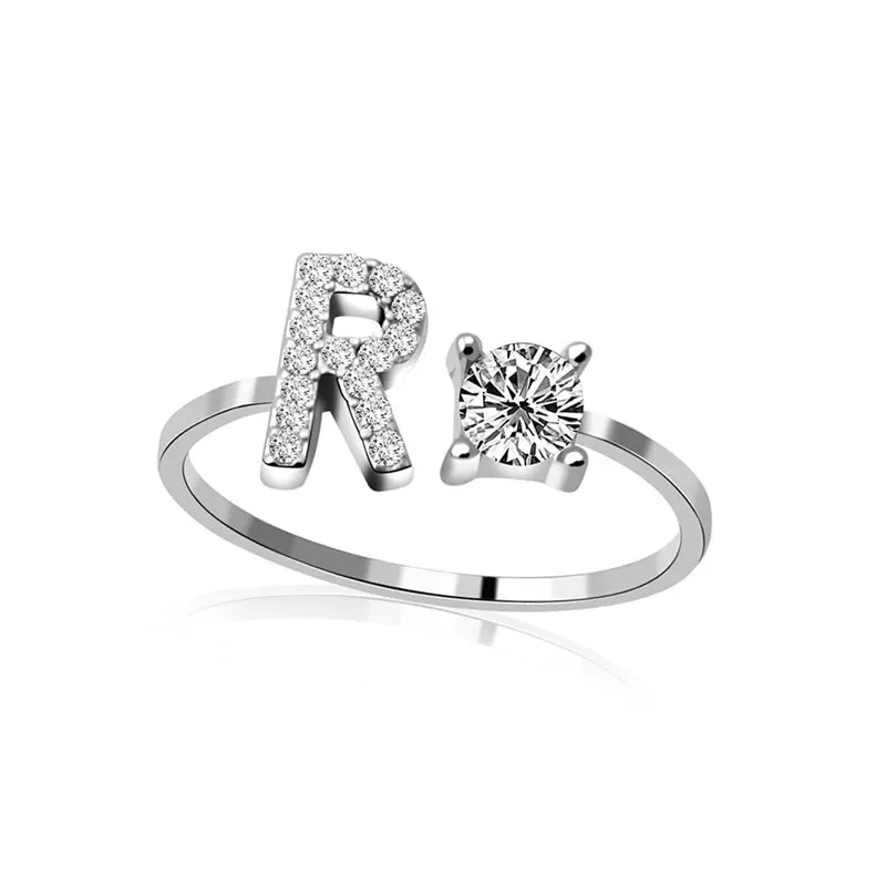 Fashion Jewelry 26 Letter Rings For Women Lady Creative Cubic Zirconia Open Finger Ring Silver Color Party Gifts