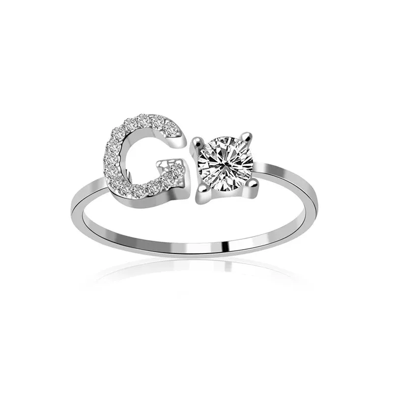 Fashion Jewelry 26 Letter Rings For Women Lady Creative Cubic Zirconia Open Finger Ring Silver Color Party Gifts