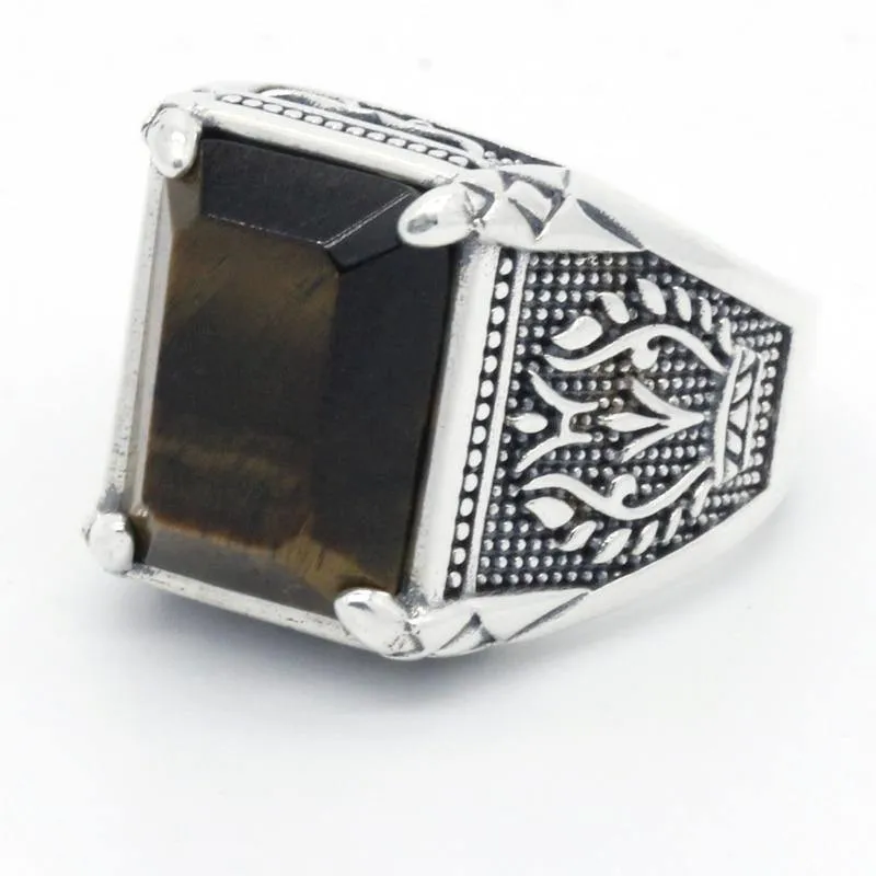Fashion Silver Men's Ring Inlaid Tiger Eye Stone Ring