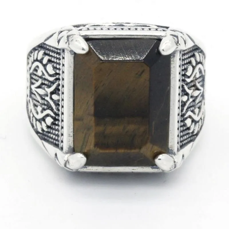 Fashion Silver Men's Ring Inlaid Tiger Eye Stone Ring