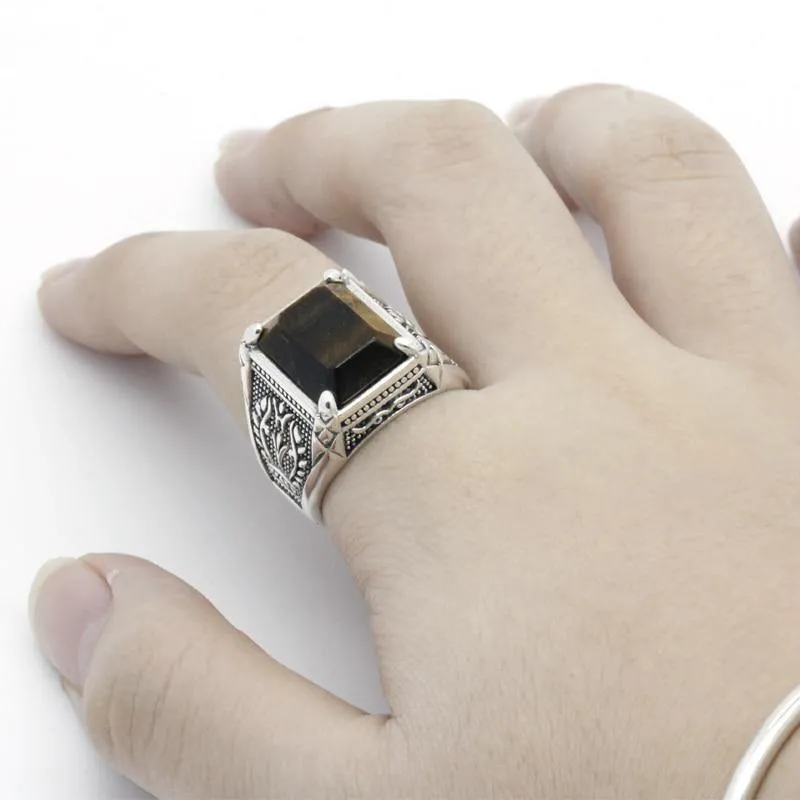Fashion Silver Men's Ring Inlaid Tiger Eye Stone Ring