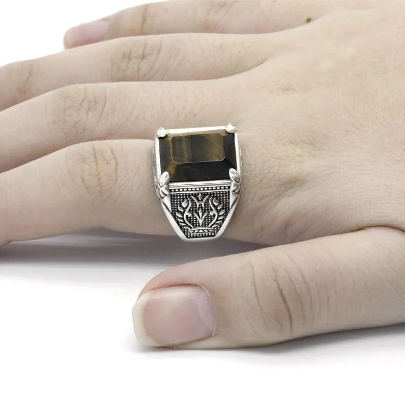 Fashion Silver Men's Ring Inlaid Tiger Eye Stone Ring