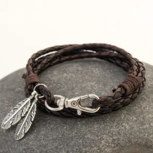 Feather Pendant Leather Braided Bracelet