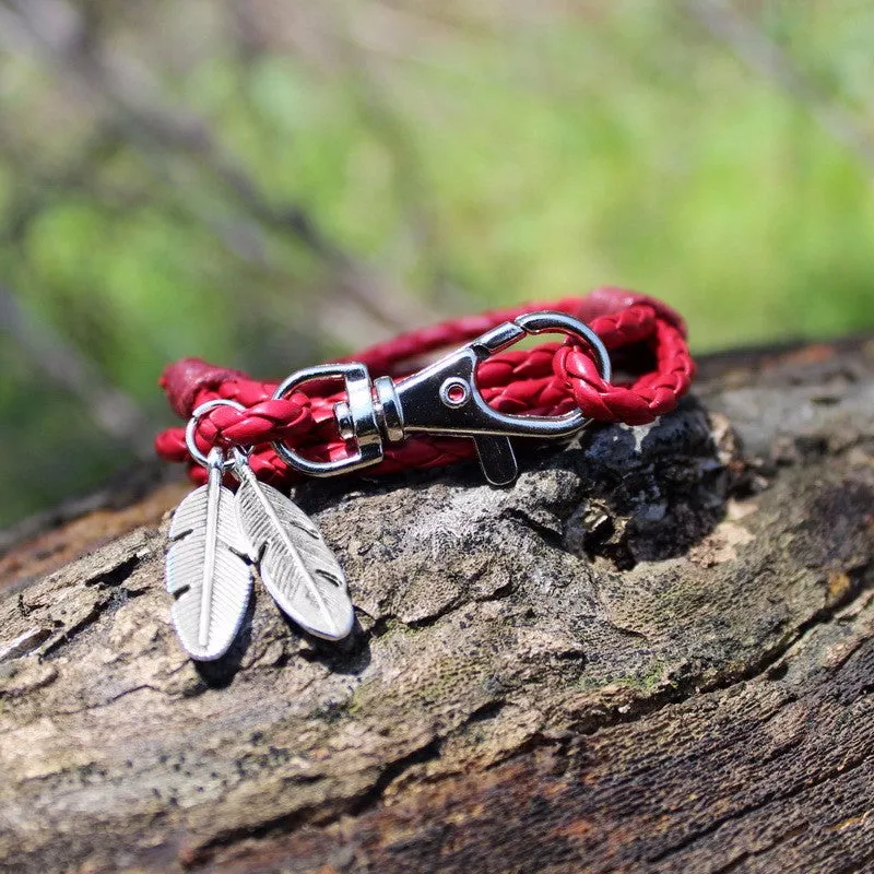Feather Pendant Leather Braided Bracelet