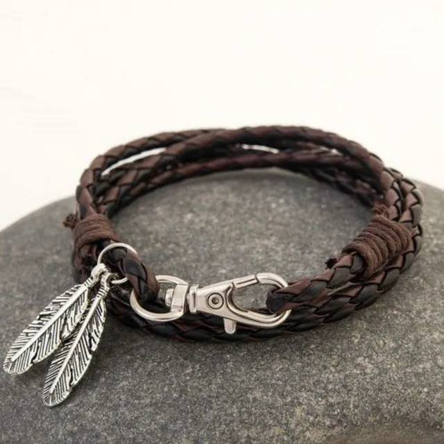 Feather Pendant Leather Braided Bracelet