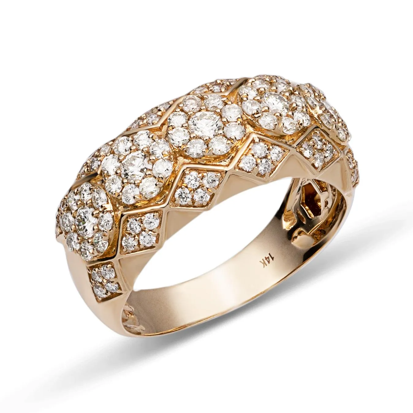 Flower Cluster Band Diamond Ring 1.75ct 14K Yellow Gold