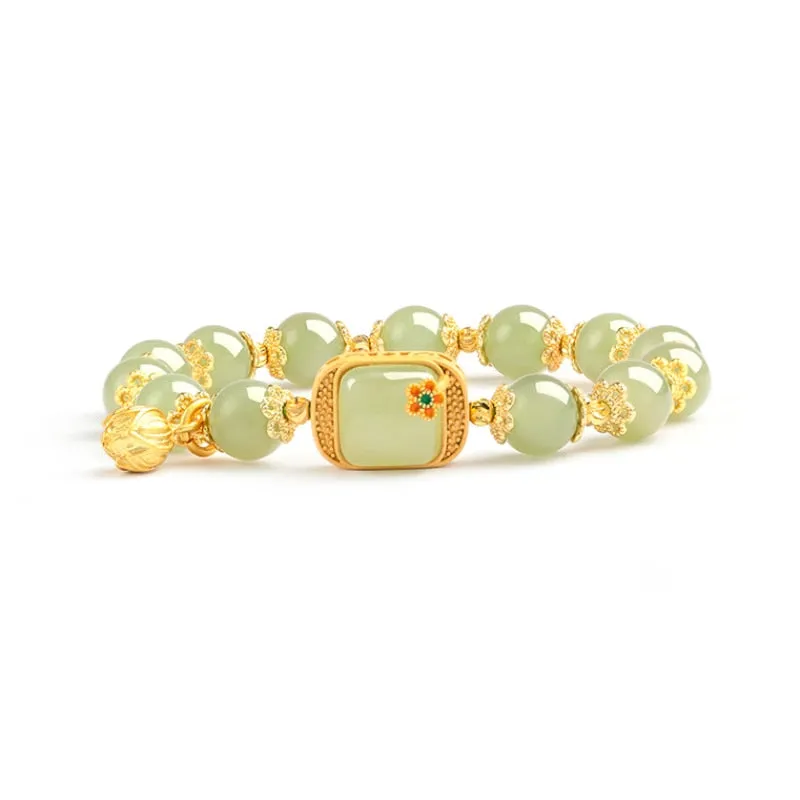 Fresh lotus square natural Hetian jade bangles beaded bracelet for women