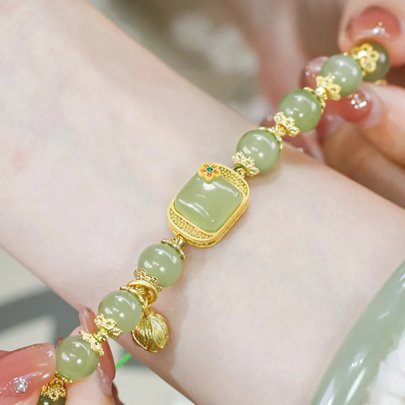 Fresh lotus square natural Hetian jade bangles beaded bracelet for women