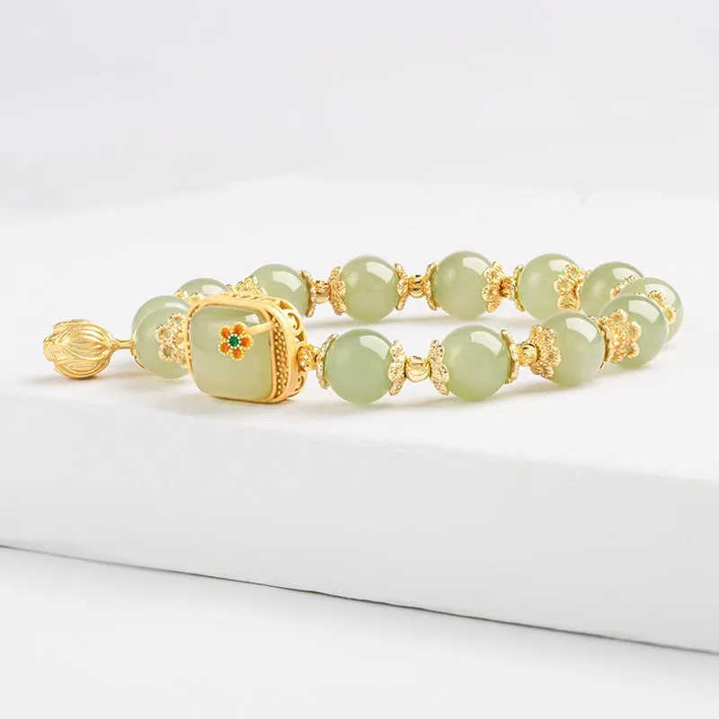 Fresh lotus square natural Hetian jade bangles beaded bracelet for women