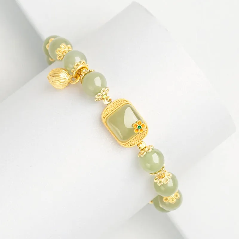 Fresh lotus square natural Hetian jade bangles beaded bracelet for women