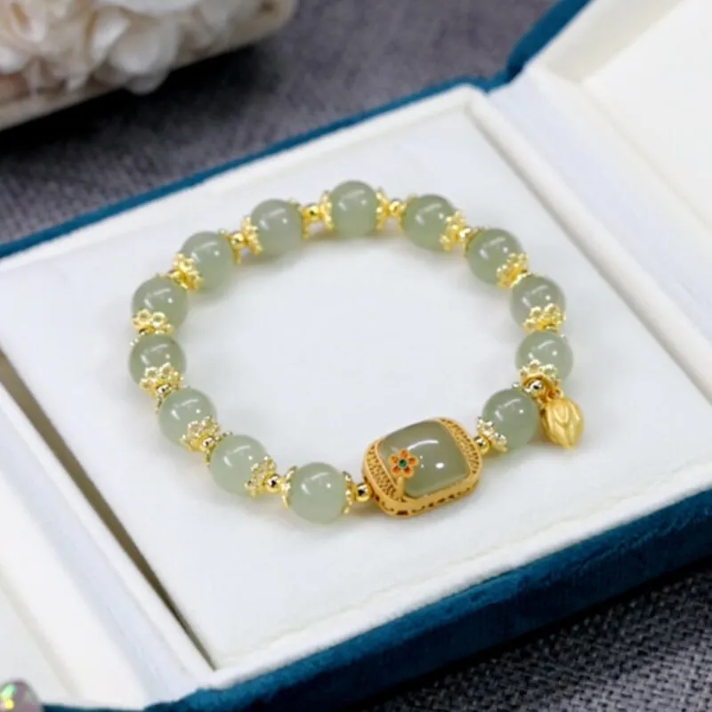 Fresh lotus square natural Hetian jade bangles beaded bracelet for women