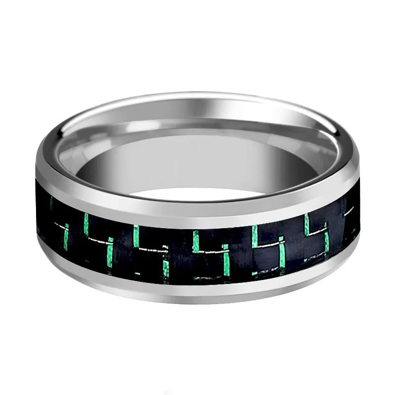 GALACTUS | Silver Tungsten Ring, Green Carbon Fiber, Beveled