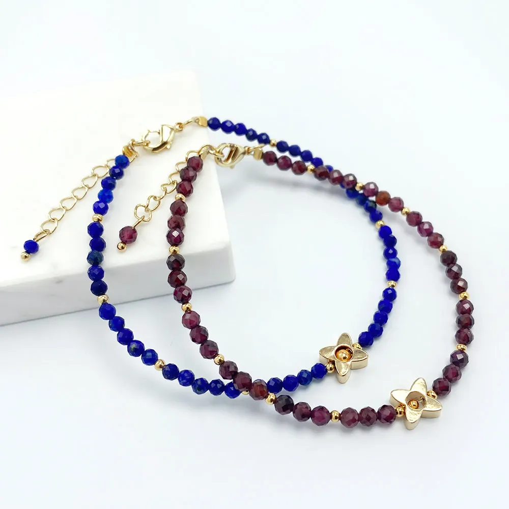 Garnet with Gold Flower Charm Bracelet, January Birthstone Bracelet; Minimalist