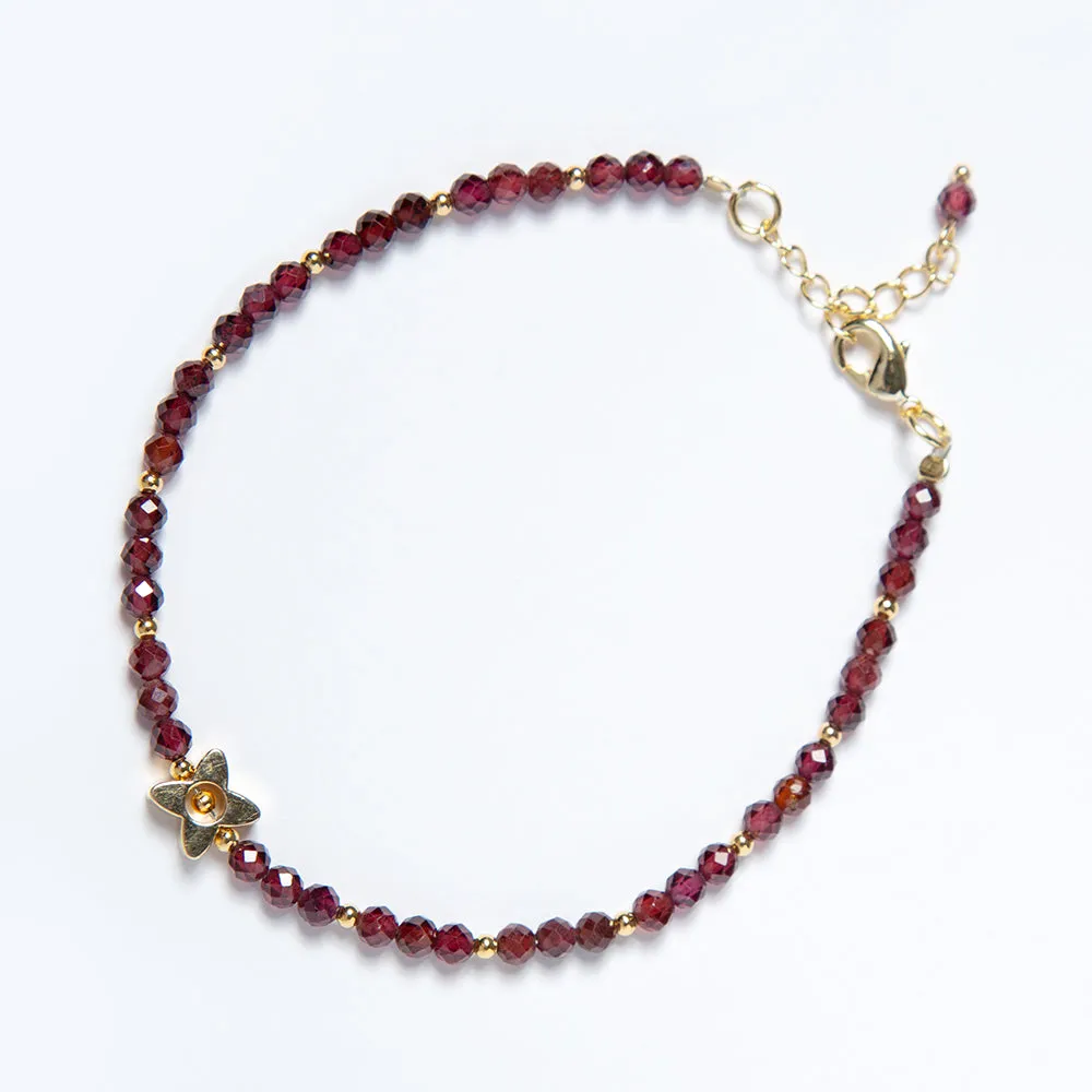 Garnet with Gold Flower Charm Bracelet, January Birthstone Bracelet; Minimalist