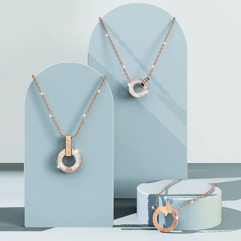 Genuine Single Diamond Set Roman Numerals & MOP Shell Dial Necklace Rose Gold Titanium
