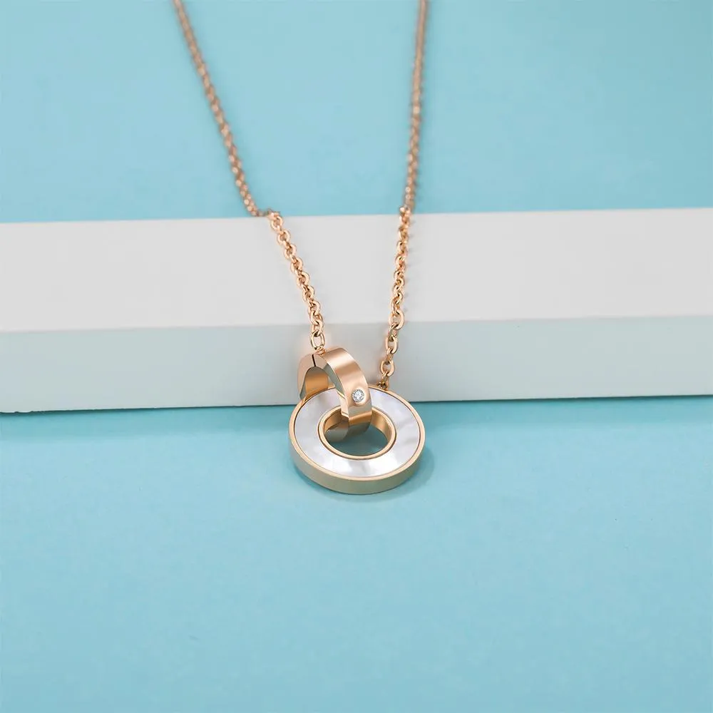 Genuine Single Diamond Set Roman Numerals & MOP Shell Dial Necklace Rose Gold Titanium