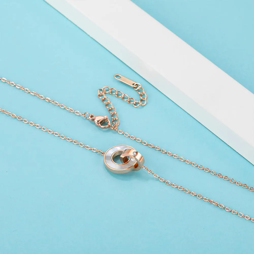 Genuine Single Diamond Set Roman Numerals & MOP Shell Dial Necklace Rose Gold Titanium