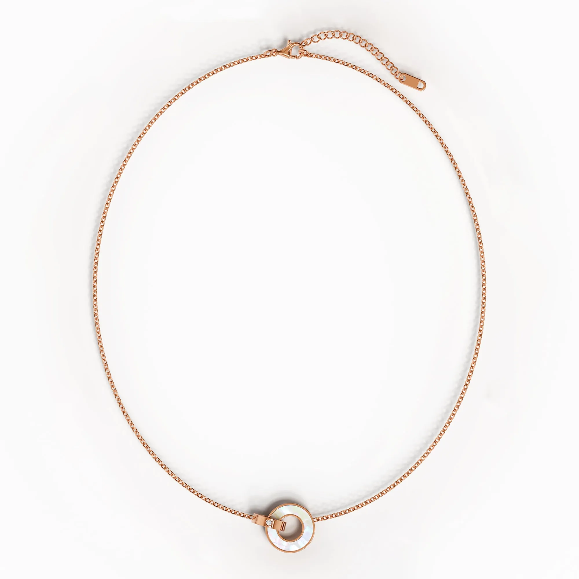 Genuine Single Diamond Set Roman Numerals & MOP Shell Dial Necklace Rose Gold Titanium