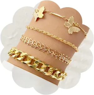 Gold Bracelet Sets for Women Cuban Link Paperclip Hand Chain Minimalist Butterfly Adjustable Chain Bracelet Punk Stackable Bracelets for Party Prom