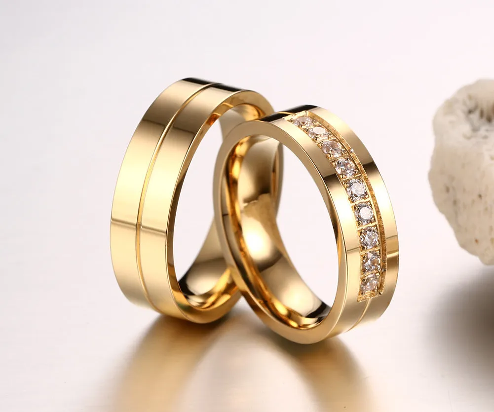 Gold Color Wedding Bands Women Men Stainless Steel Engagement Couple Anniversary Rings