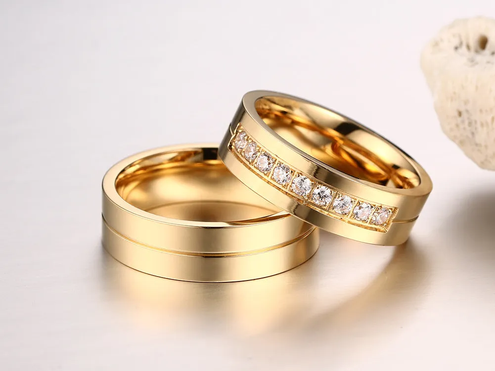 Gold Color Wedding Bands Women Men Stainless Steel Engagement Couple Anniversary Rings