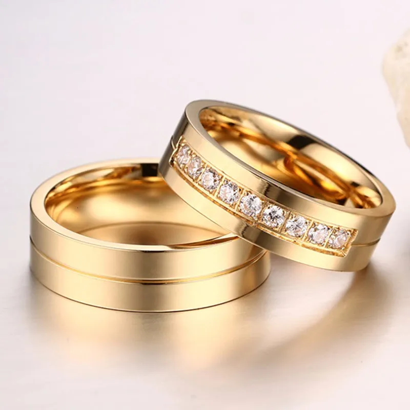 Gold Color Wedding Bands Women Men Stainless Steel Engagement Couple Anniversary Rings