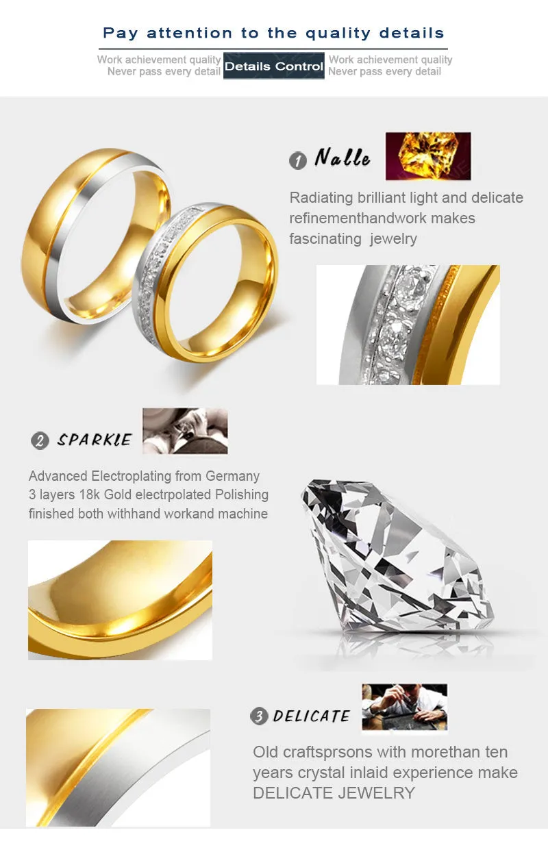 Gold Color Wedding Bands Women Men Stainless Steel Engagement Couple Anniversary Rings