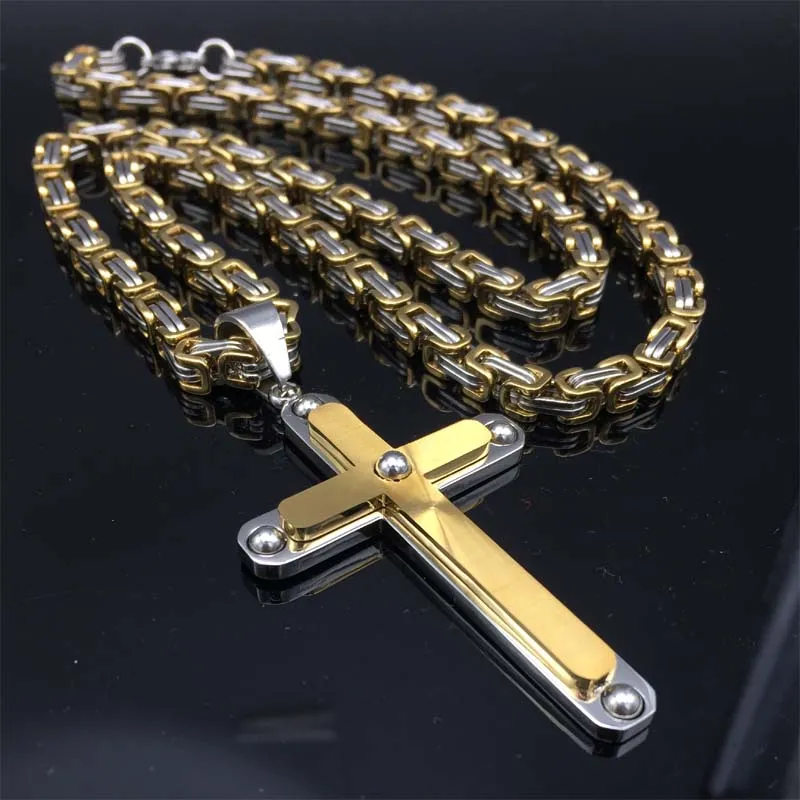 Gold Cross 316L Stainless Steel Byzantine Chain Pendant Necklace