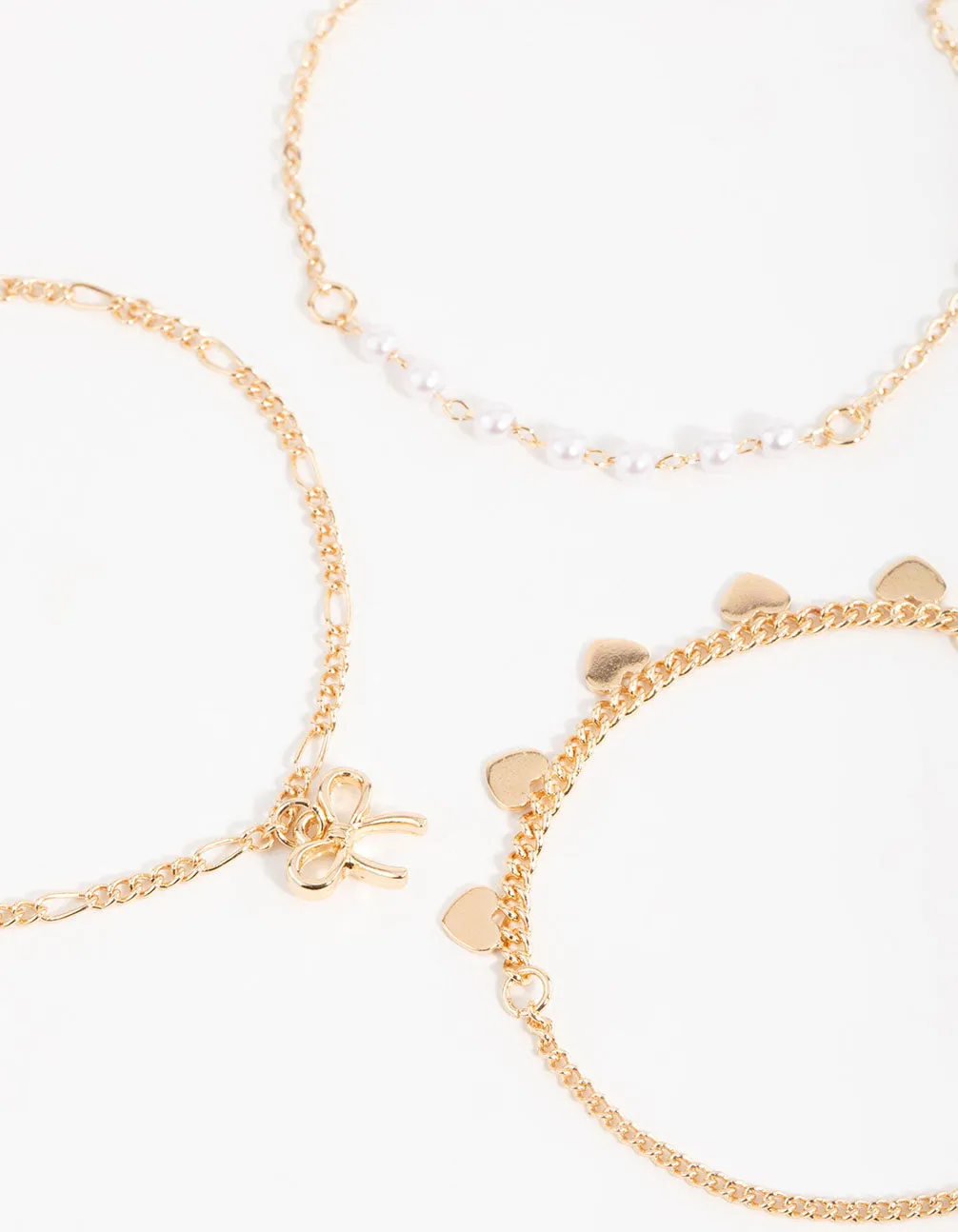 Gold Diamante Pearl Bow & Heart Bracelets 3-Pack