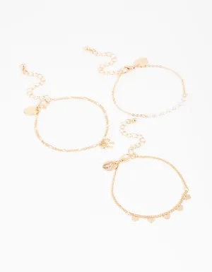 Gold Diamante Pearl Bow & Heart Bracelets 3-Pack