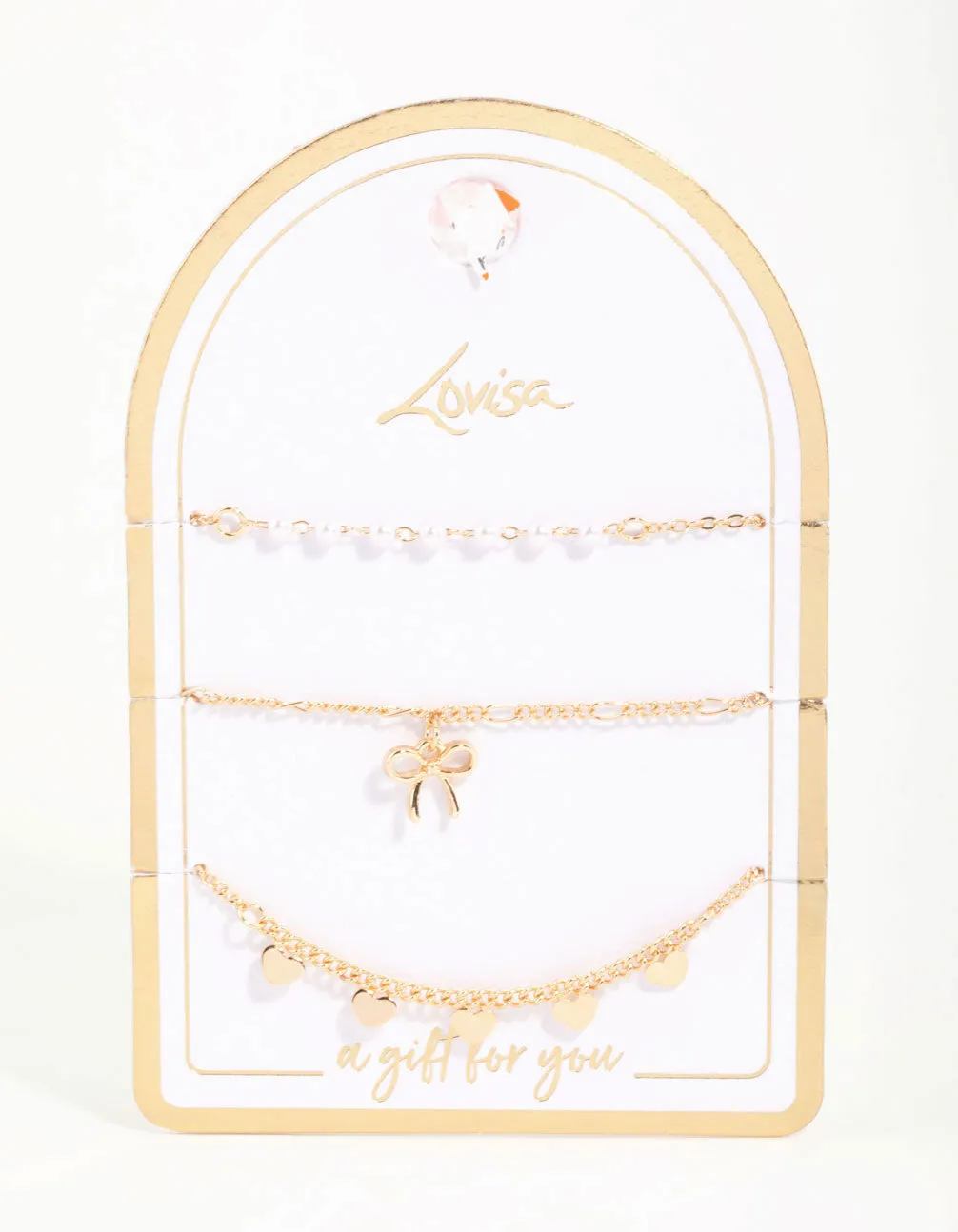 Gold Diamante Pearl Bow & Heart Bracelets 3-Pack