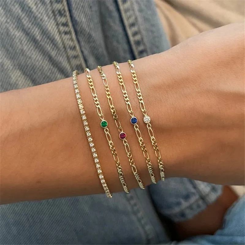 Gold Figaro Chain with Colored Crystal Stone Bracelets