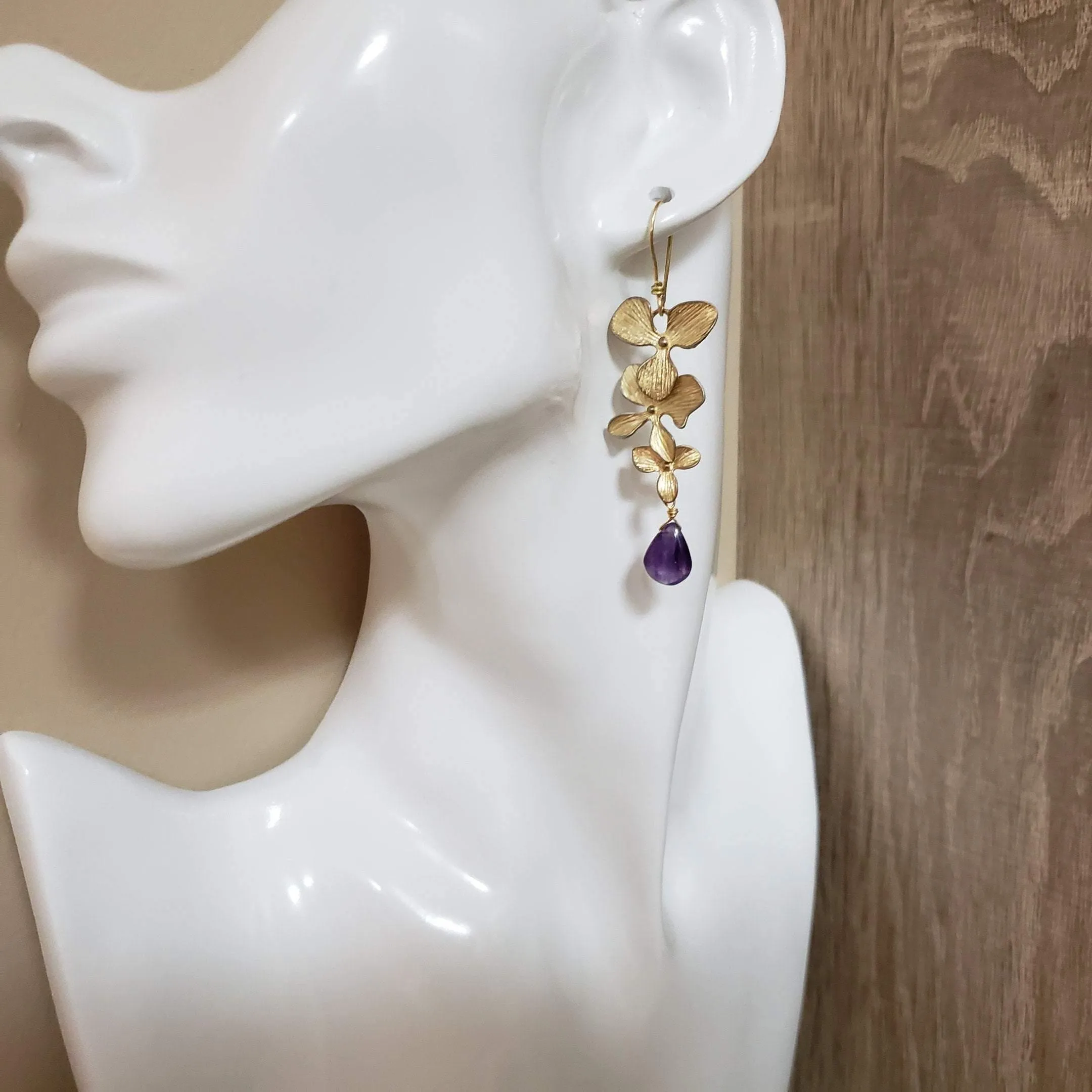 Gold floral amethyst drop earrings