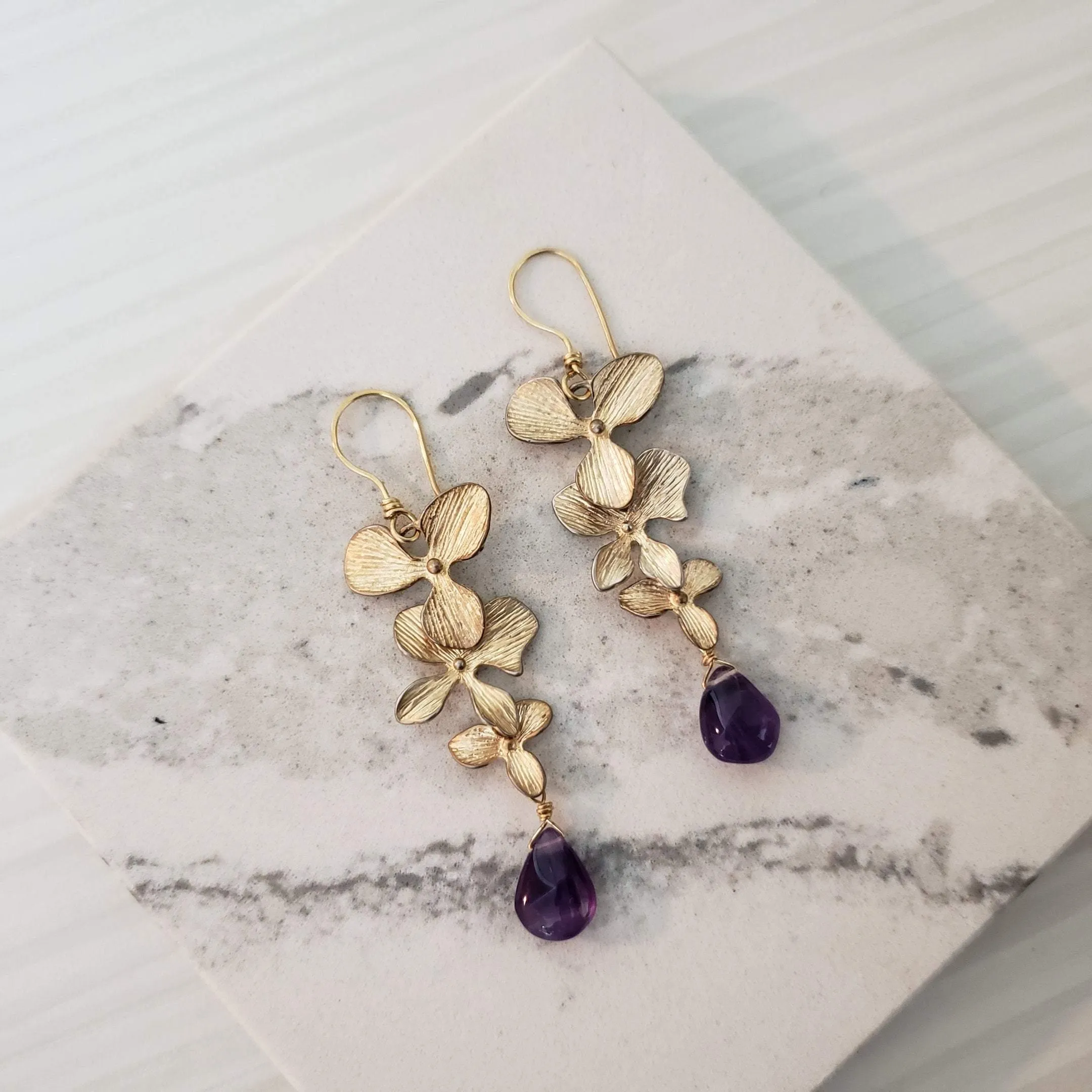 Gold floral amethyst drop earrings