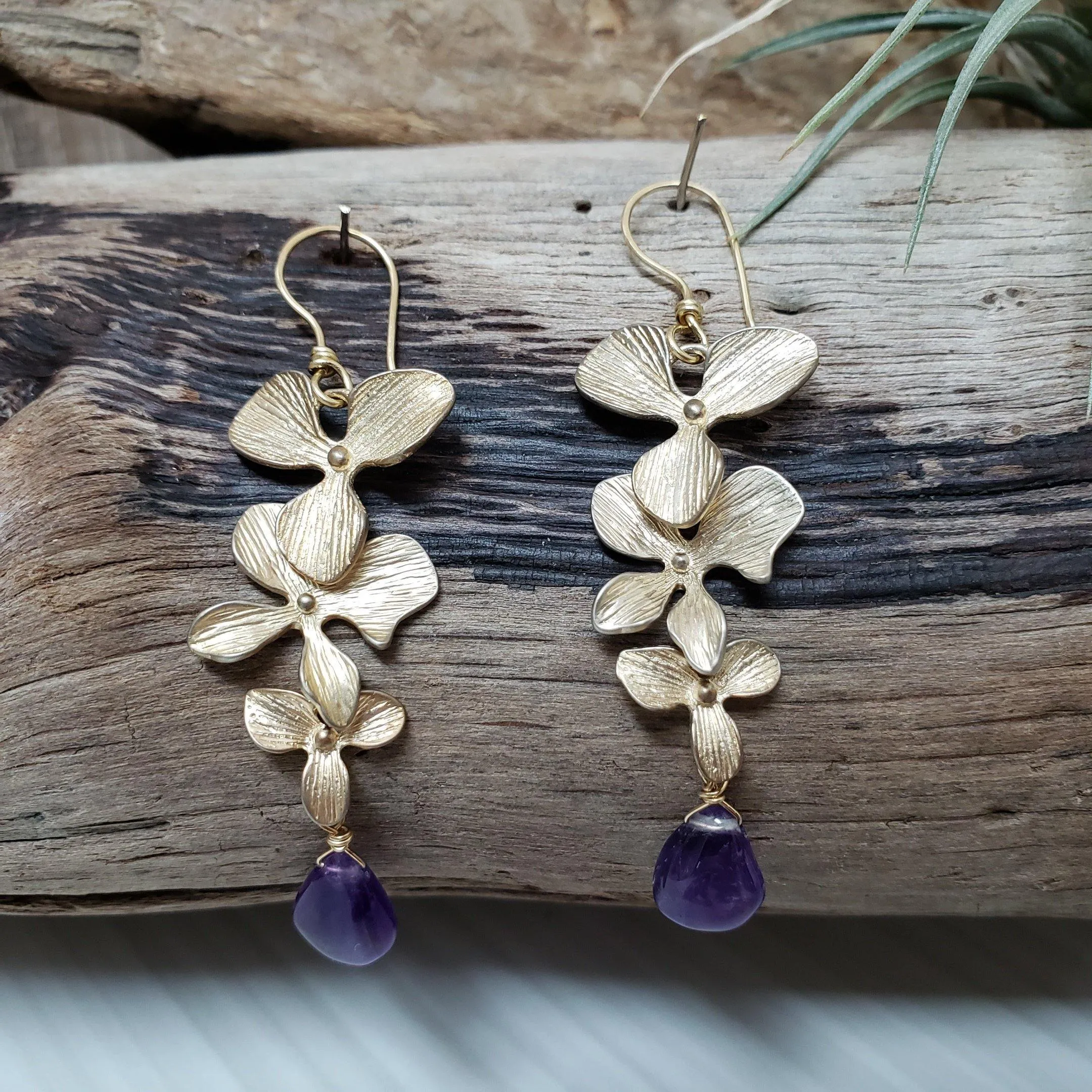 Gold floral amethyst drop earrings