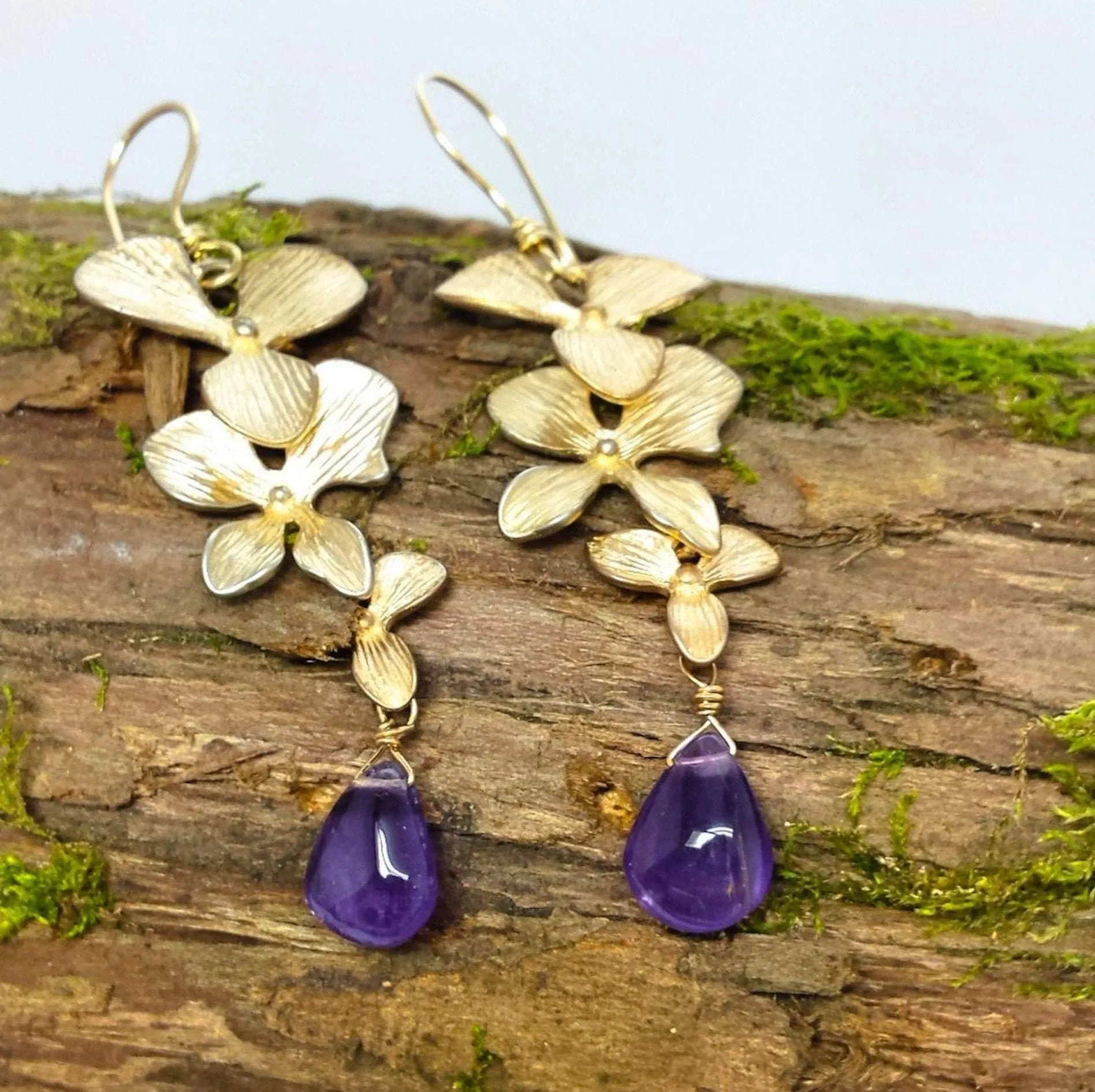 Gold floral amethyst drop earrings